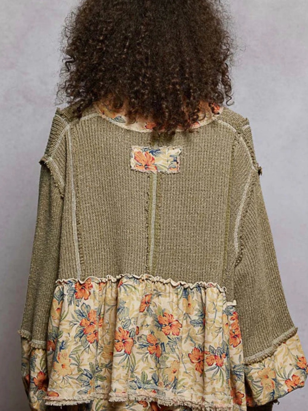 POL Olive Knit V-Neck Blouse with Hawaiian Floral Panel Accents - Picture 2 of 3